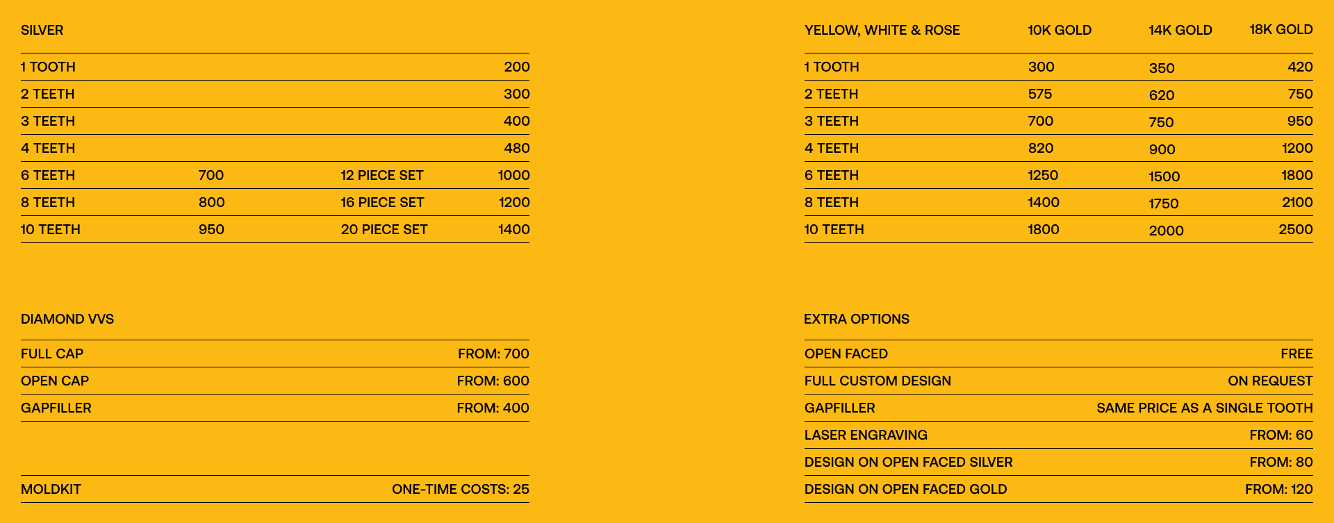 Goldhead jewelry - prijslijst